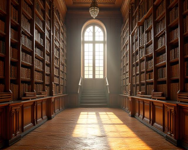Interior de una biblioteca histórica privada con estanterías de madera tallada